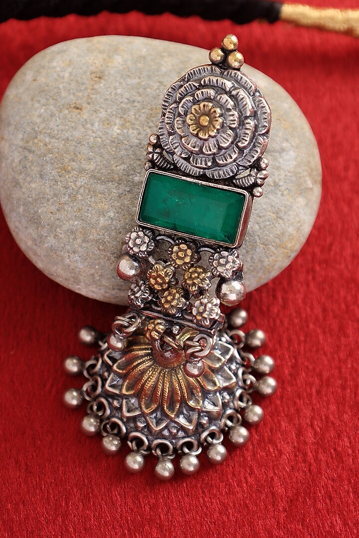 Two-Tone Finish Kemp stone & Green Jade Stone Handcrafted Temple Necklace Set In Sterling Silver by Mero at Pernia's Pop Up Shop