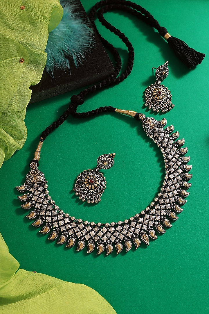 Two Tone Finish Kempstone Temple Paisley Necklace Set In Sterling Silver by Mero at Pernia's Pop Up Shop