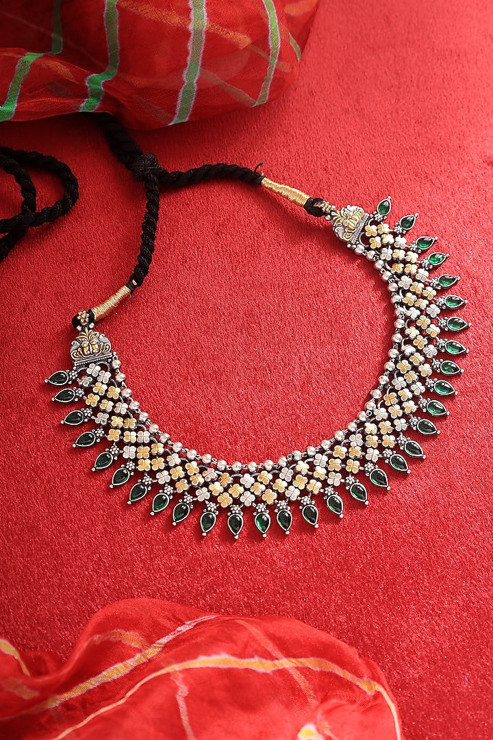 Two Tone Finish Green Kempstone Temple Necklace In Sterling Silver by Mero at Pernia's Pop Up Shop