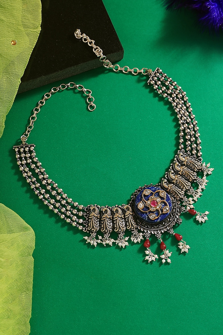 Two Tone Finish Lapis & Kundan Polki Temple Choker Necklace In Sterling Silver by Mero at Pernia's Pop Up Shop