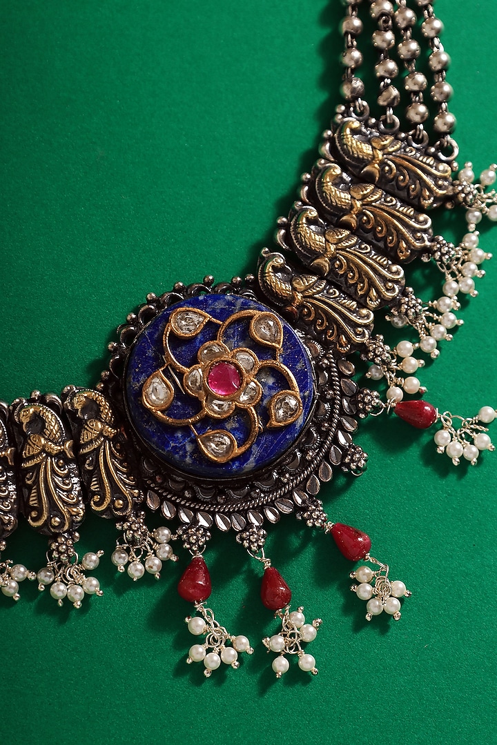 Two Tone Finish Lapis & Kundan Polki Temple Choker Necklace In Sterling Silver by Mero at Pernia's Pop Up Shop