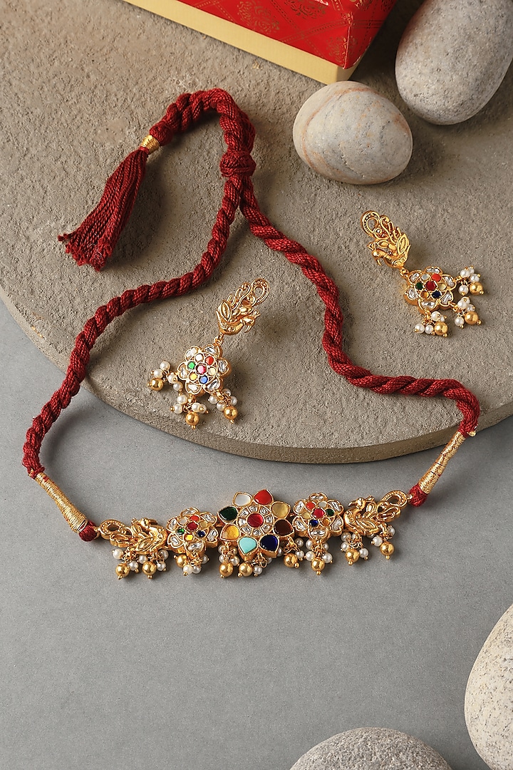 Gold Plated Kundan Polki Temple Choker Necklace Set In Sterling Silver by Mero at Pernia's Pop Up Shop