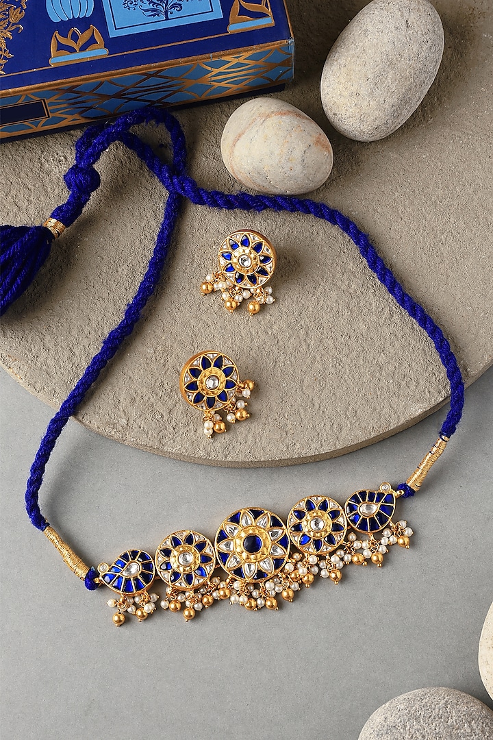 Gold Plated Kundan Polki Temple Choker Necklace Set In Sterling Silver by Mero at Pernia's Pop Up Shop