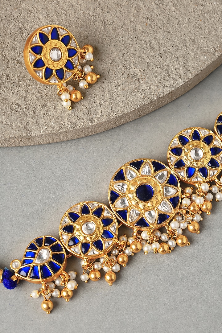 Gold Plated Kundan Polki Temple Choker Necklace Set In Sterling Silver by Mero at Pernia's Pop Up Shop
