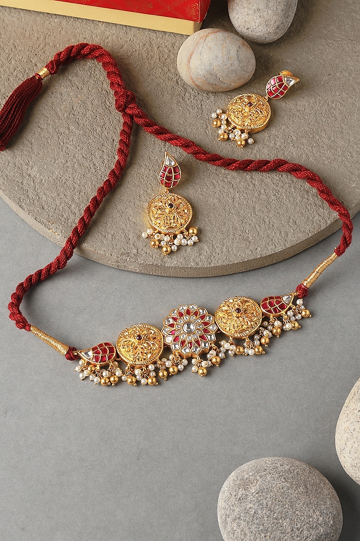 Gold Plated Kundan Polki Temple Choker Necklace Set In Sterling Silver by Mero at Pernia's Pop Up Shop