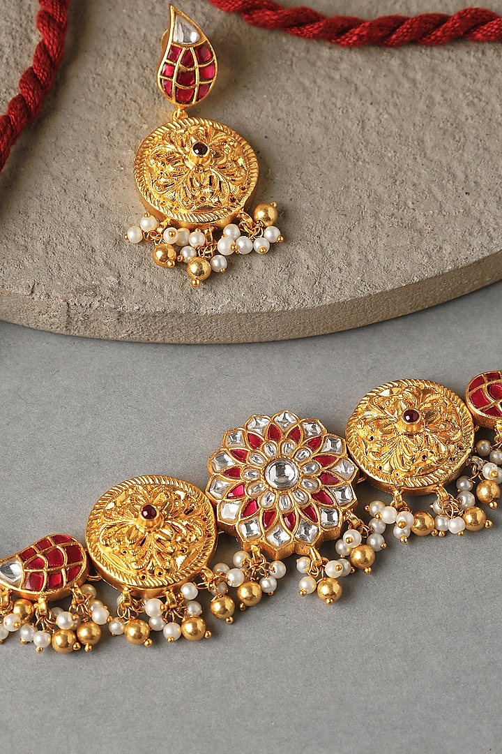 Gold Plated Kundan Polki Temple Choker Necklace Set In Sterling Silver by Mero at Pernia's Pop Up Shop