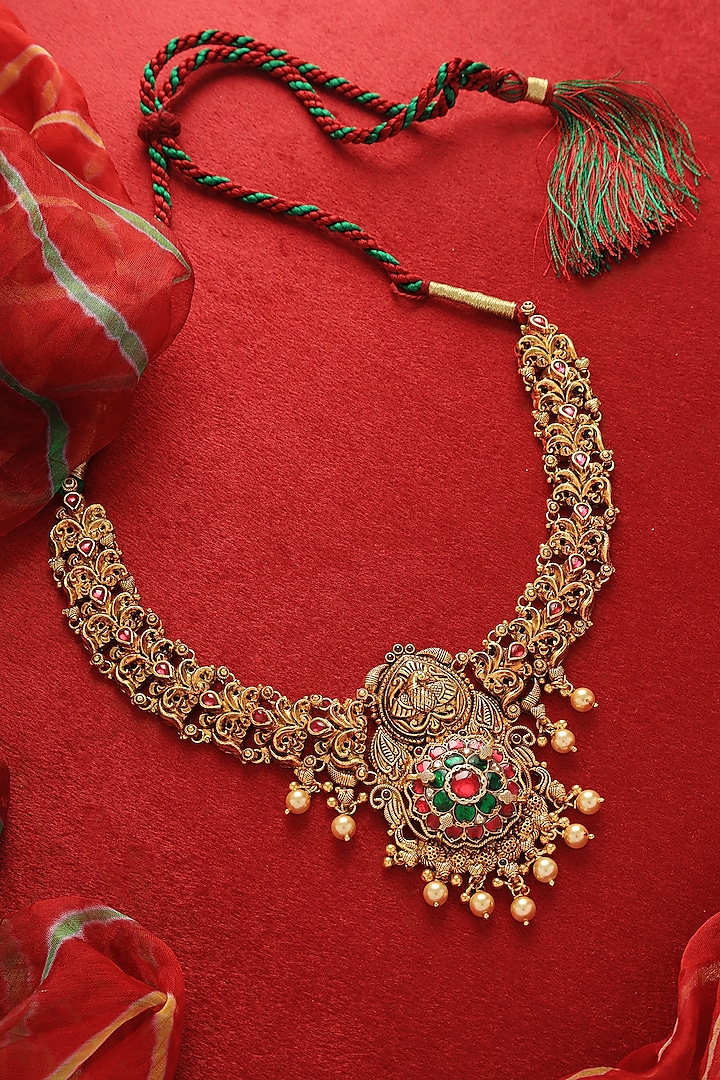 Gold Plated Kundan Polki & Pearl Temple Necklace In Sterling Silver by Mero at Pernia's Pop Up Shop