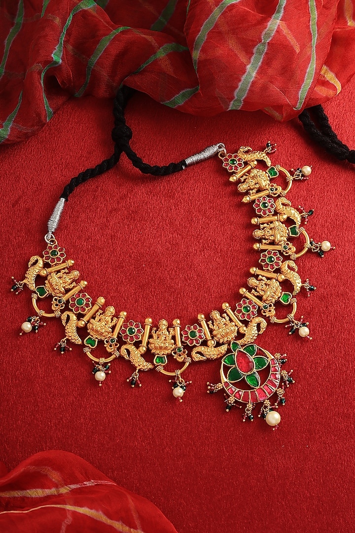 Gold Plated Kundan Polki & Pearl Temple Necklace In Sterling Silver by Mero at Pernia's Pop Up Shop