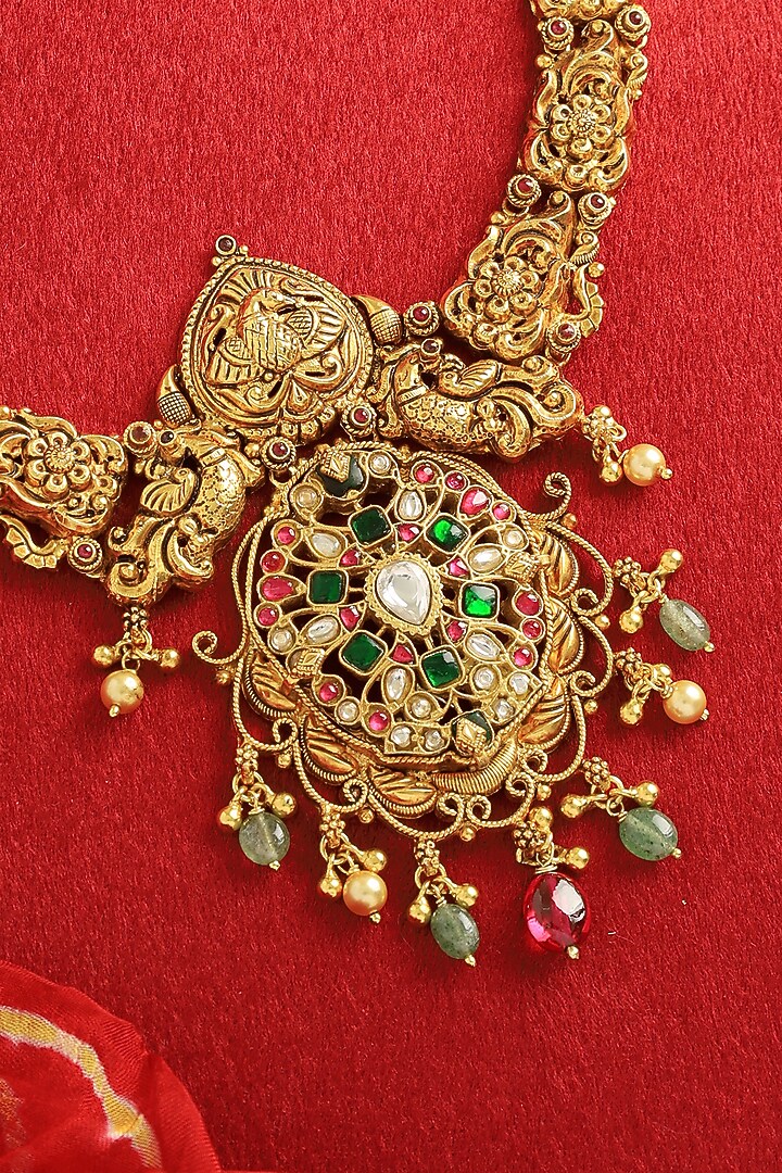 Gold Plated Kundan Polki & Pearl Temple Necklace In Sterling Silver by Mero at Pernia's Pop Up Shop