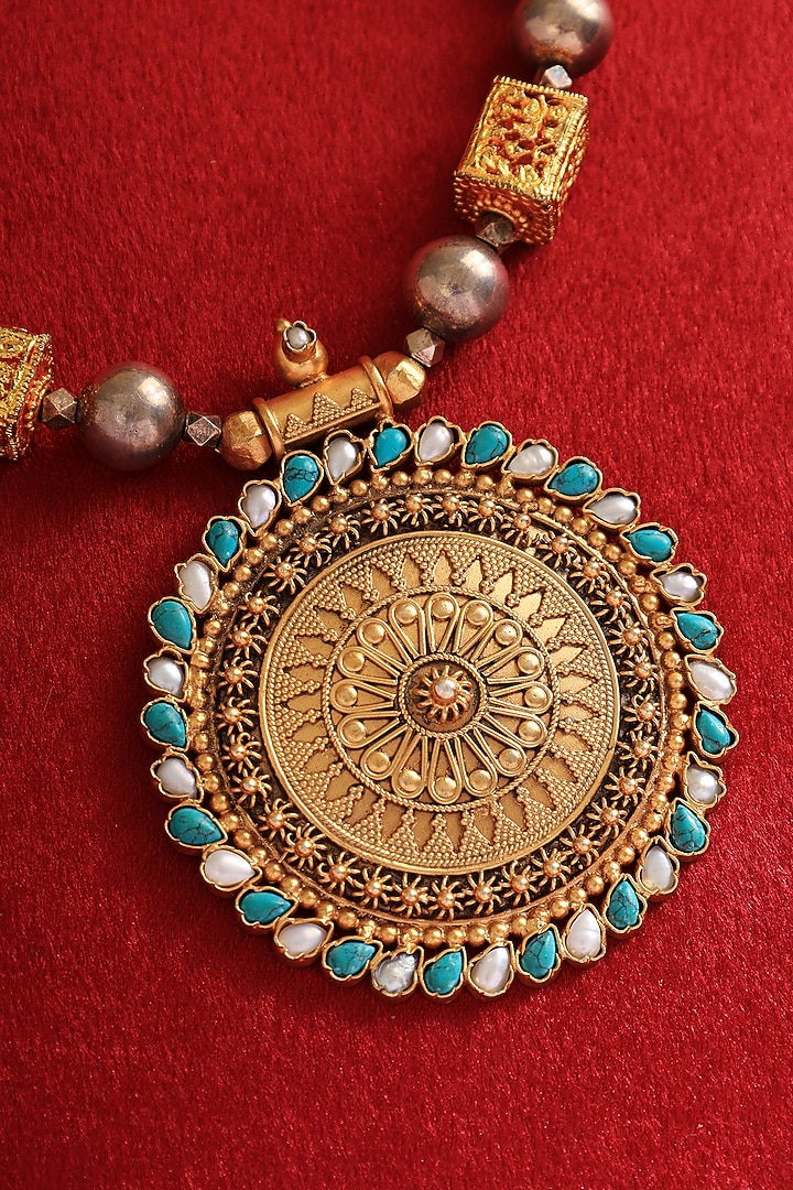 Gold Finish Turquoise Stone & Pearl Long Temple Necklace In Sterling Silver by Mero at Pernia's Pop Up Shop