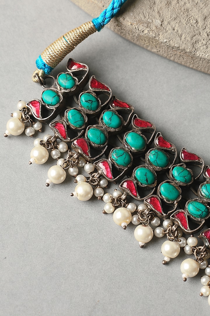 Gold Finish Turquoise Stone & Kundan Polki Choker Temple Necklace In Sterling Silver by Mero at Pernia's Pop Up Shop
