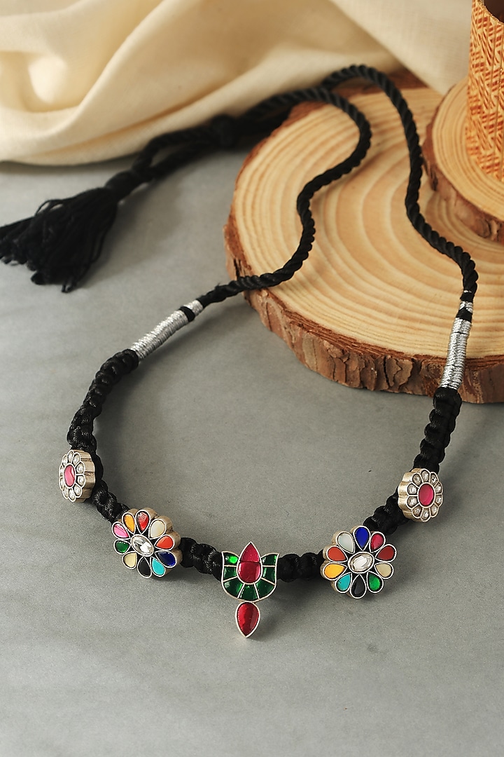 White Finish Multi-Colored Kundan Polki Temple Thread Choker Necklace In Sterling Silver by Mero at Pernia's Pop Up Shop