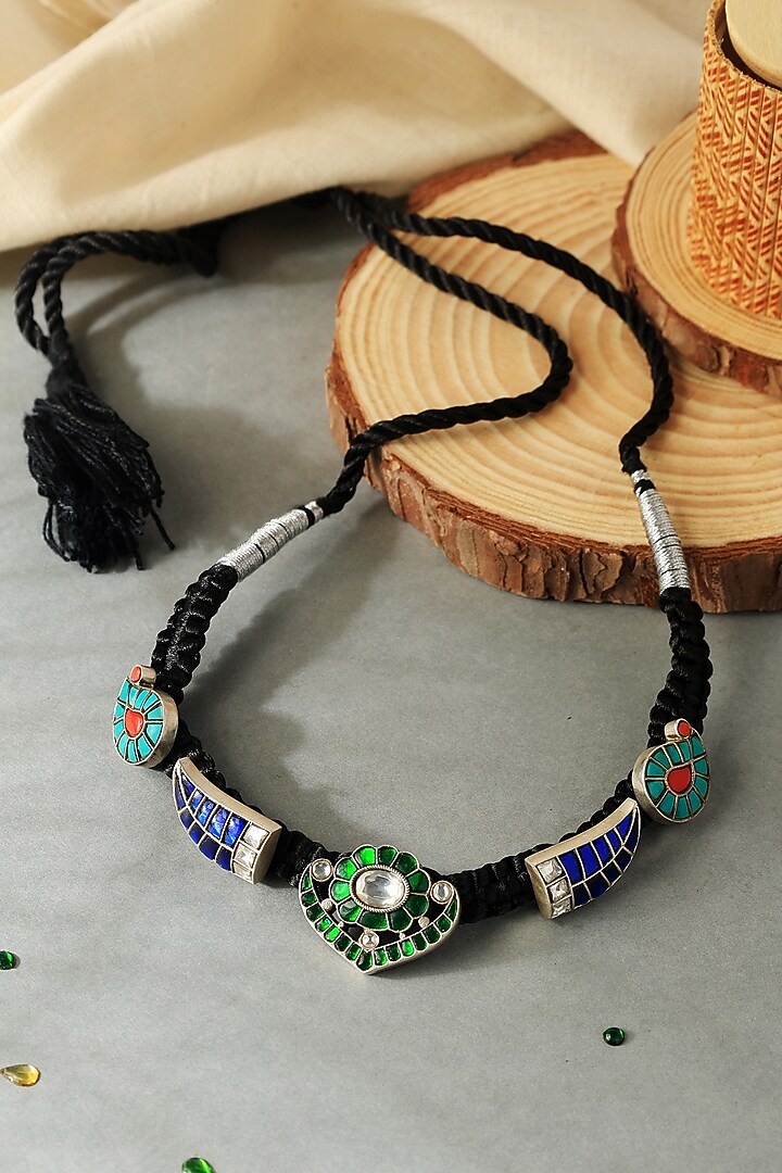 White Finish Blue Kundan Polki Temple Thread Choker Necklace In Sterling Silver by Mero at Pernia's Pop Up Shop