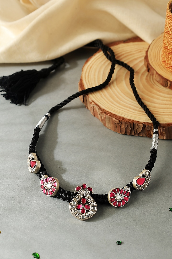 White Finish Pink Kundan Polki Temple Thread Choker Necklace In Sterling Silver by Mero at Pernia's Pop Up Shop