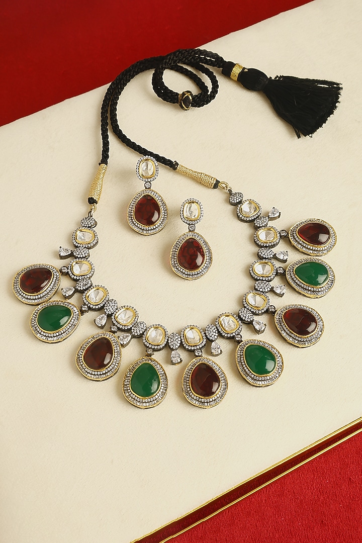 Gold Finish Moissanite & Kempstone Temple Necklace Set In Sterling Silver by Mero at Pernia's Pop Up Shop