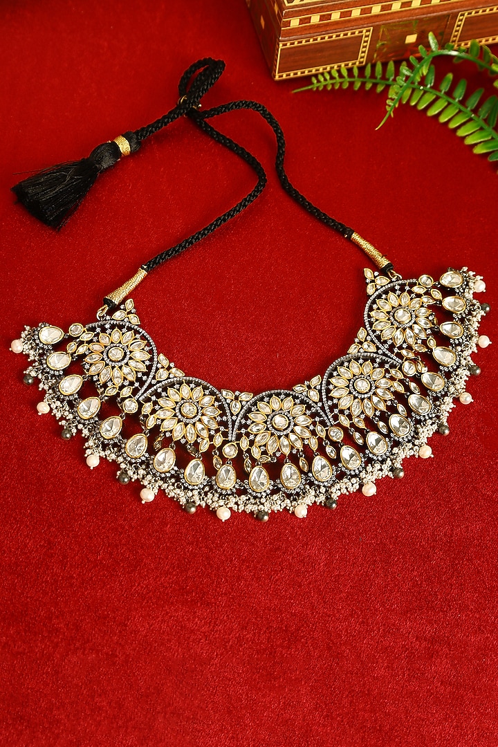 Gold Finish Moissanite & Pearl Temple Necklace In Sterling Silver by Mero at Pernia's Pop Up Shop