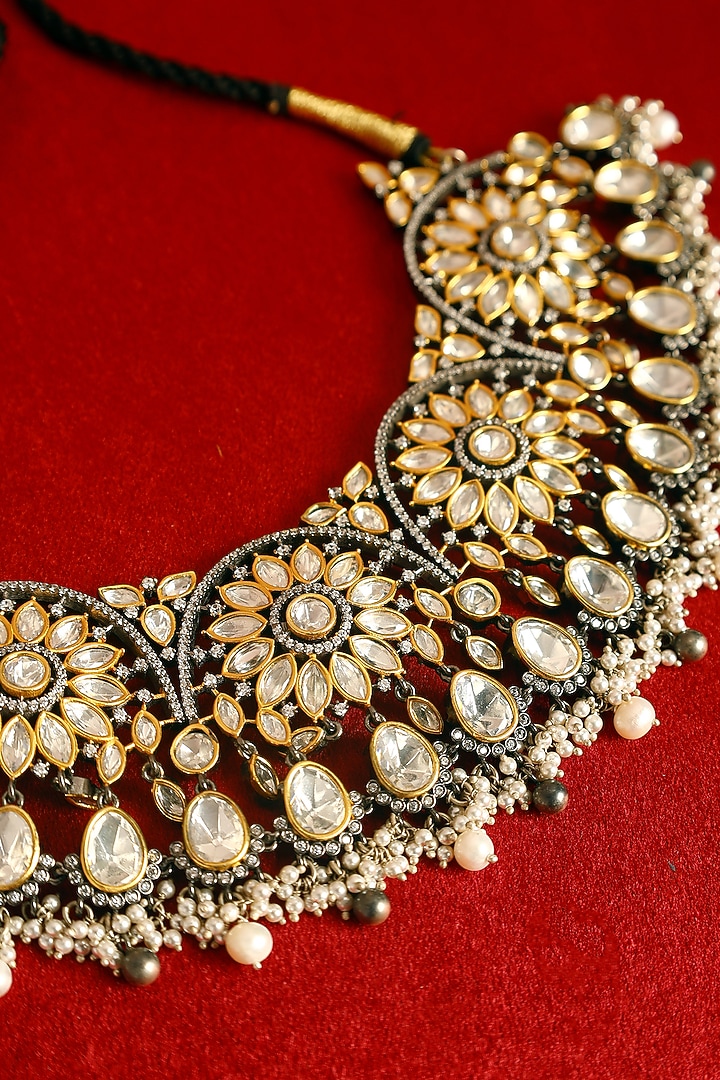 Gold Finish Moissanite & Pearl Temple Necklace In Sterling Silver by Mero at Pernia's Pop Up Shop