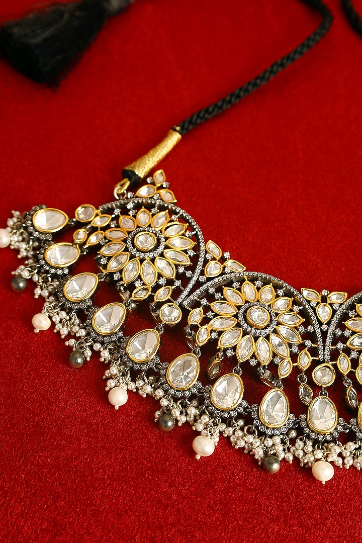 Gold Finish Moissanite & Pearl Temple Necklace In Sterling Silver by Mero at Pernia's Pop Up Shop