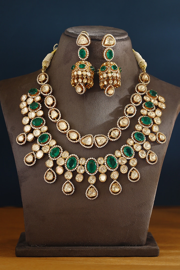 Gold Finish Moissanite & Emerald Temple Necklace In Sterling Silver by Mero at Pernia's Pop Up Shop