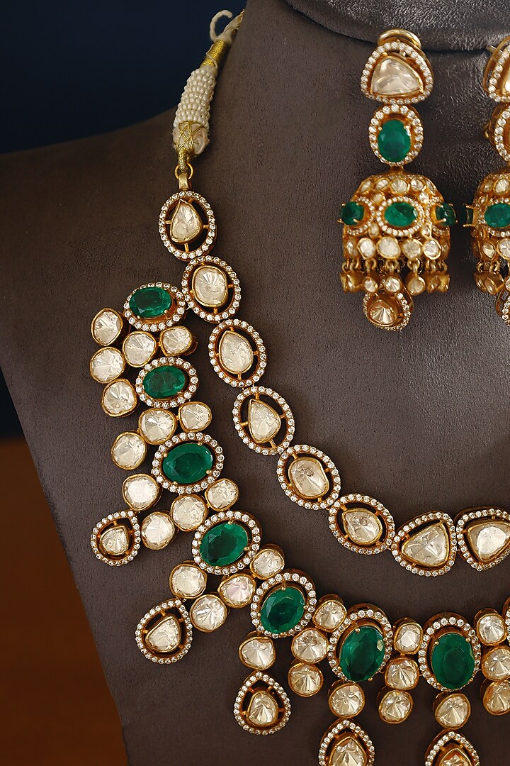 Gold Finish Moissanite & Emerald Temple Necklace In Sterling Silver by Mero at Pernia's Pop Up Shop