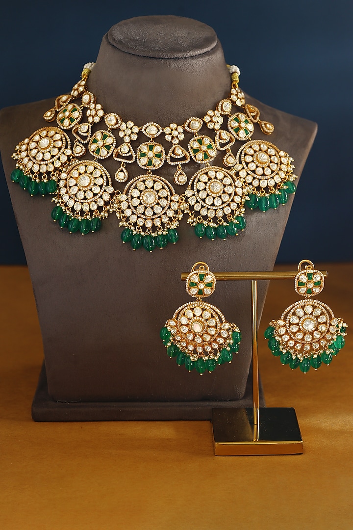 Gold Finish Moissanite & Emerald Temple Necklace In Sterling Silver by Mero at Pernia's Pop Up Shop