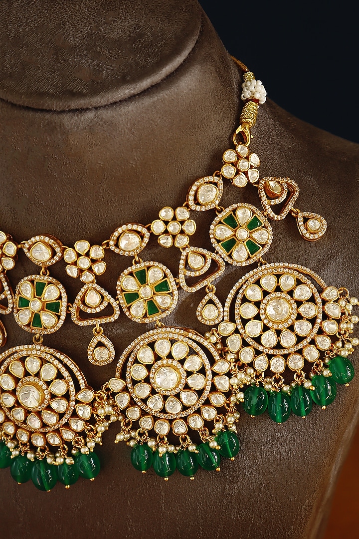 Gold Finish Moissanite & Emerald Temple Necklace In Sterling Silver by Mero at Pernia's Pop Up Shop