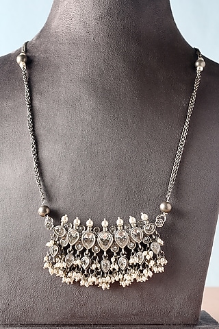 White Finish Moissanite Temple Necklace In Sterling Silver by Mero