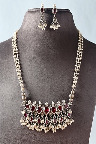 White Finish Moissanite Temple Necklace Set In Sterling Silver by Mero