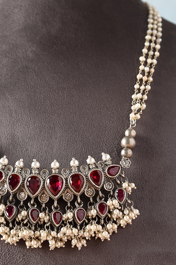 White Finish Moissanite Temple Necklace Set In Sterling Silver by Mero at Pernia's Pop Up Shop