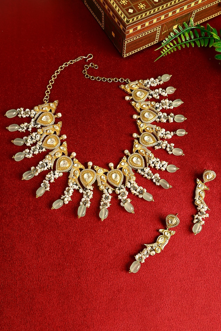 Gold Finish Moissanite & Pearl Temple Necklace Set In Sterling Silver by Mero at Pernia's Pop Up Shop