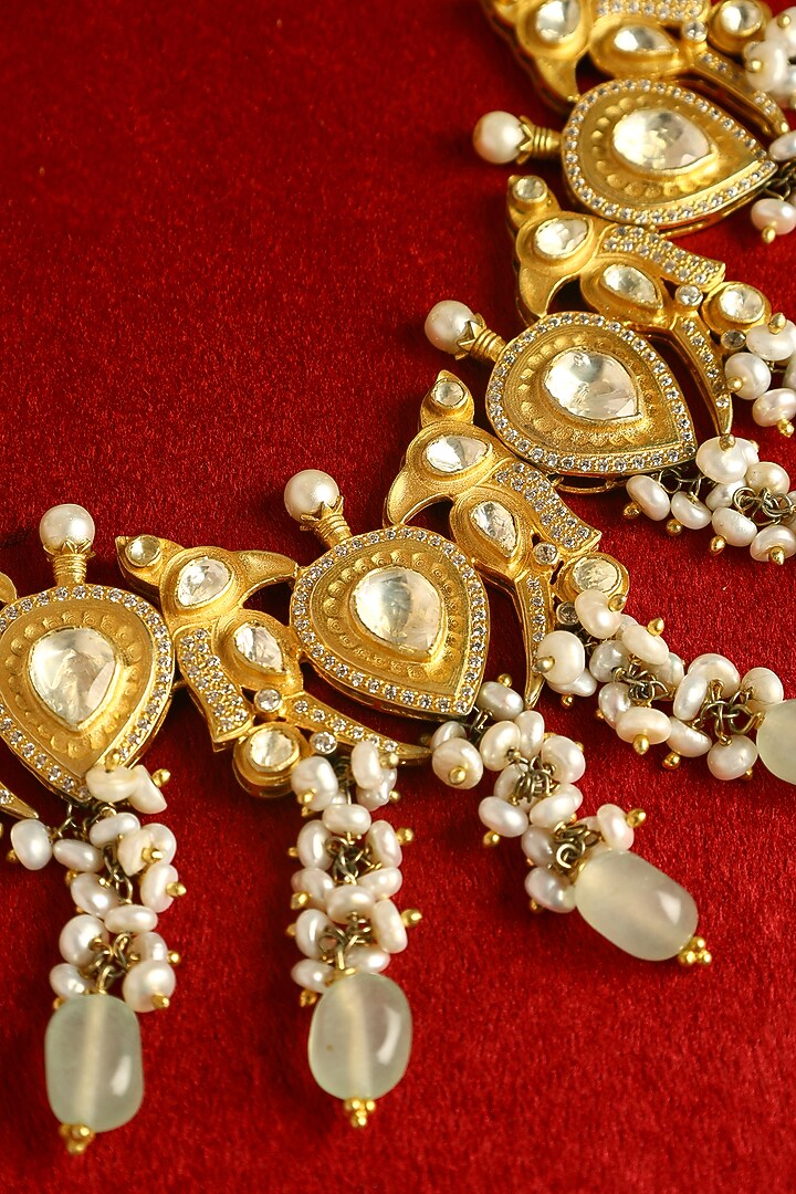 Gold Finish Moissanite & Pearl Temple Necklace Set In Sterling Silver by Mero at Pernia's Pop Up Shop