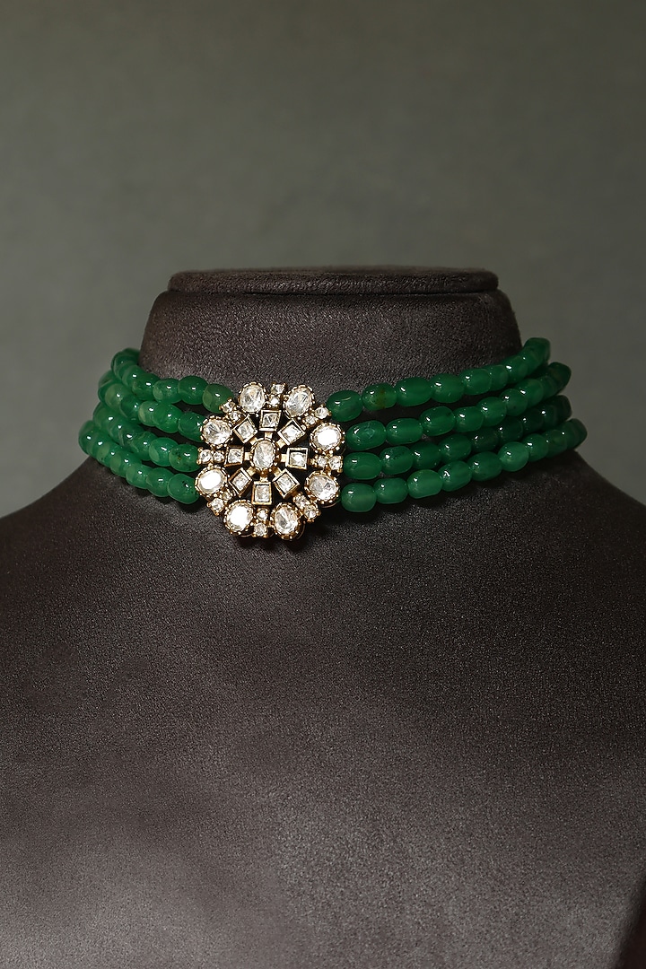 Gold Finish Moissanite & Jade Temple Necklace Set In Sterling Silver by Mero at Pernia's Pop Up Shop