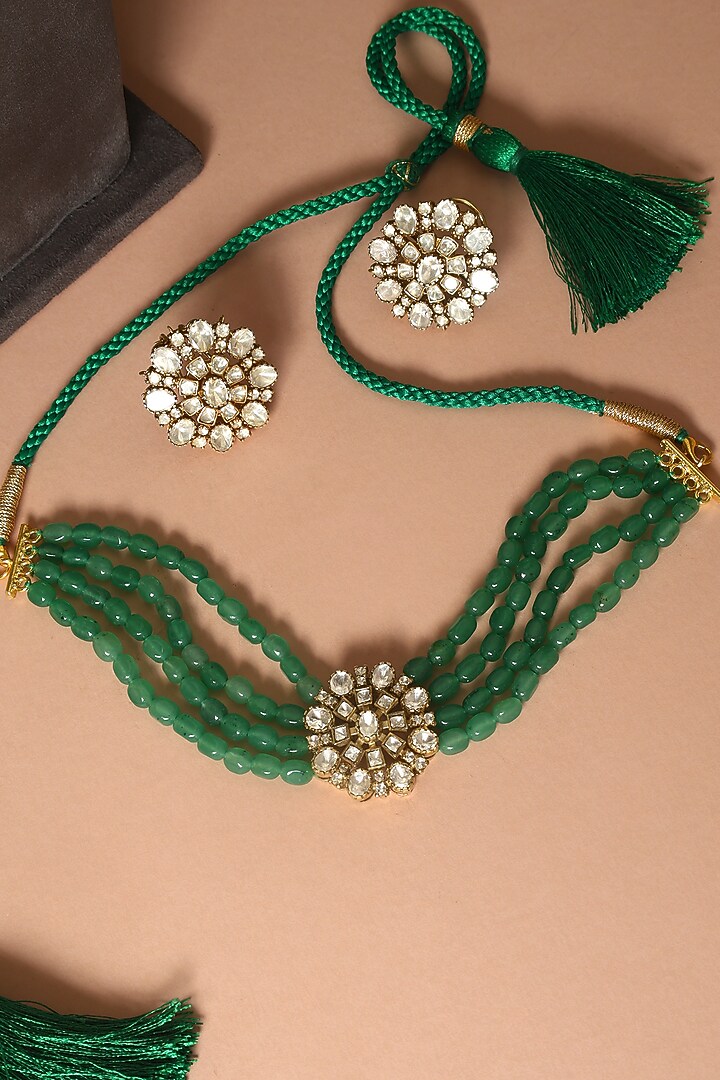 Gold Finish Moissanite & Jade Temple Necklace Set In Sterling Silver by Mero at Pernia's Pop Up Shop