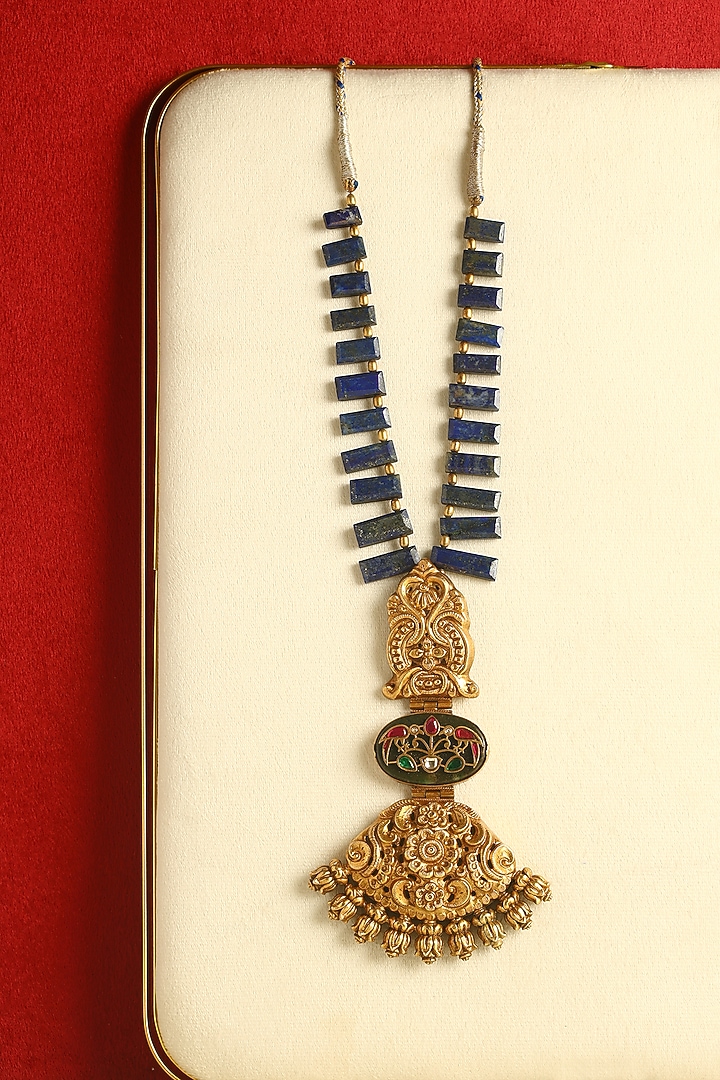 Gold Finish Kundan Polki & Lapis Temple Necklace In Sterling Silver by Mero at Pernia's Pop Up Shop