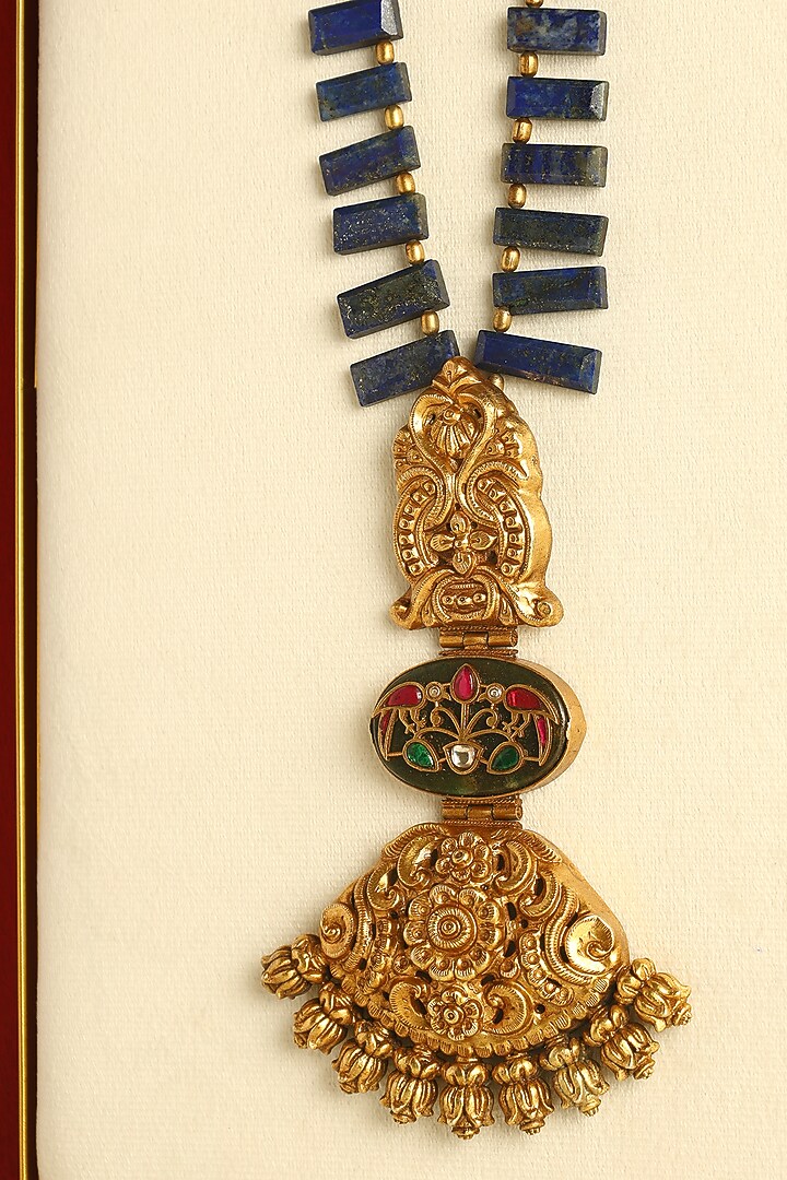 Gold Finish Kundan Polki & Lapis Temple Necklace In Sterling Silver by Mero at Pernia's Pop Up Shop