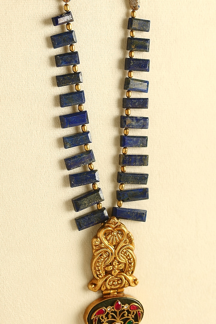 Gold Finish Kundan Polki & Lapis Temple Necklace In Sterling Silver by Mero at Pernia's Pop Up Shop