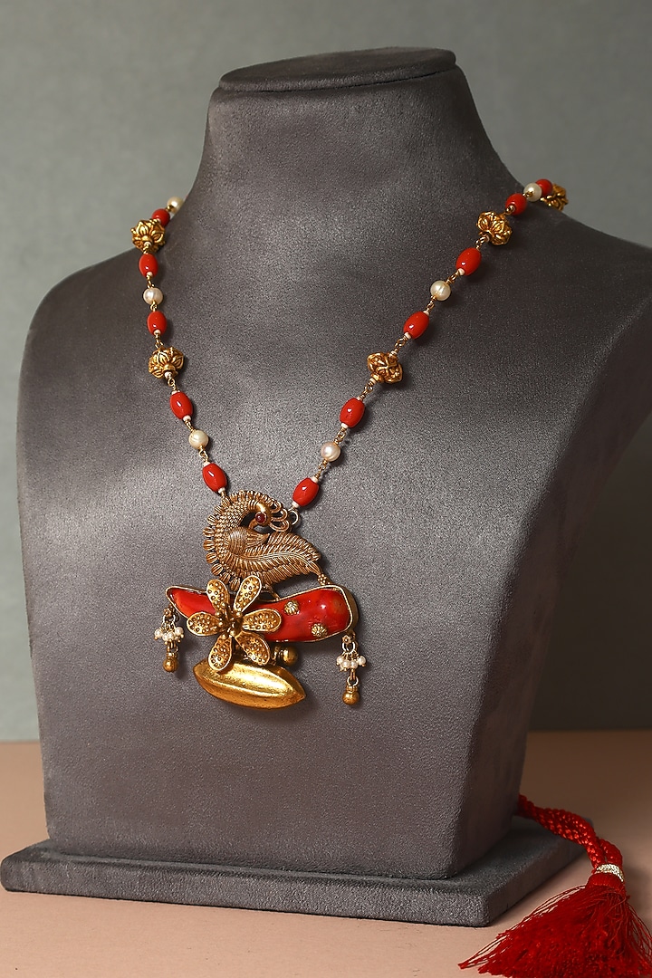 Gold Finish Coral Stone & Pearl Temple Necklace In Sterling Silver by Mero at Pernia's Pop Up Shop