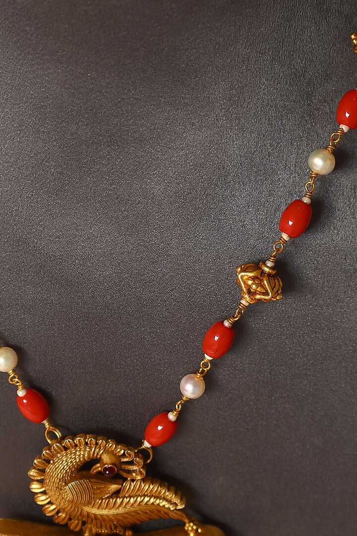 Gold Finish Coral Stone & Pearl Temple Necklace In Sterling Silver by Mero at Pernia's Pop Up Shop