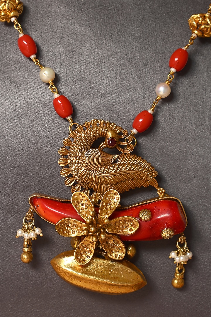 Gold Finish Coral Stone & Pearl Temple Necklace In Sterling Silver by Mero at Pernia's Pop Up Shop