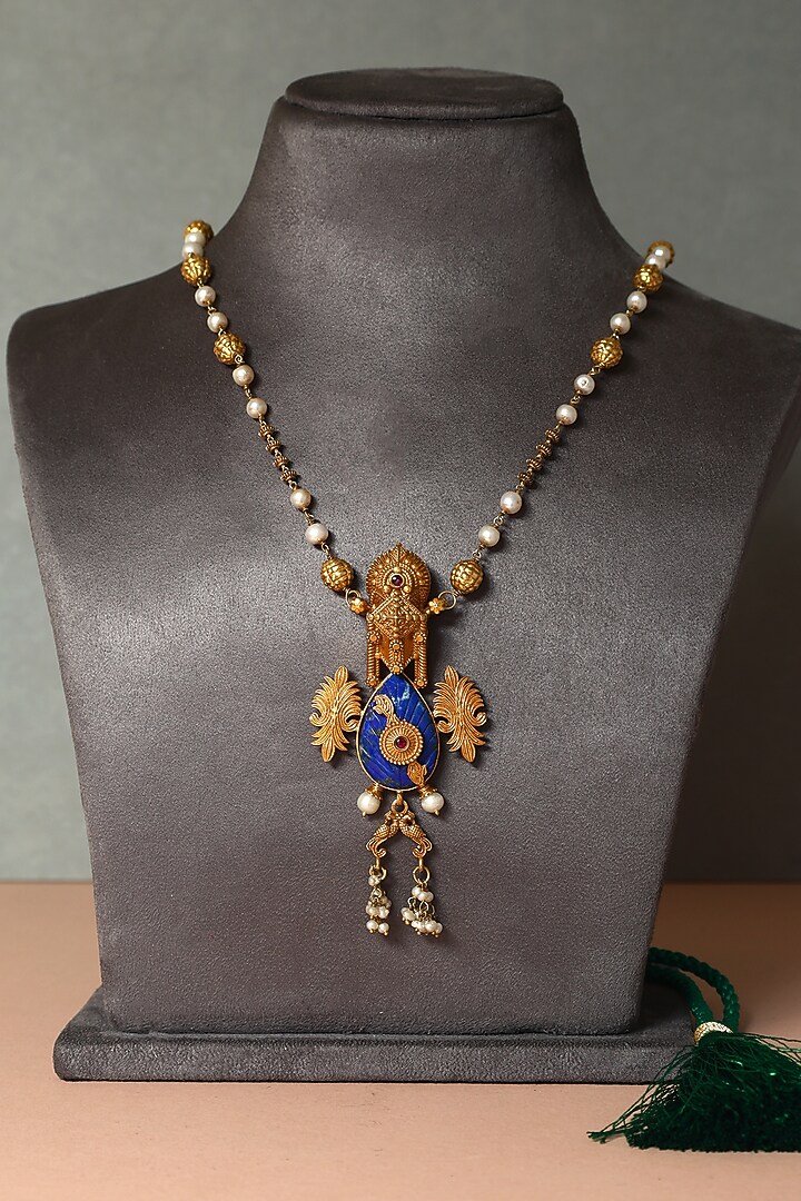 Gold Finish Lapis Stone & Pearl Temple Necklace In Sterling Silver by Mero at Pernia's Pop Up Shop