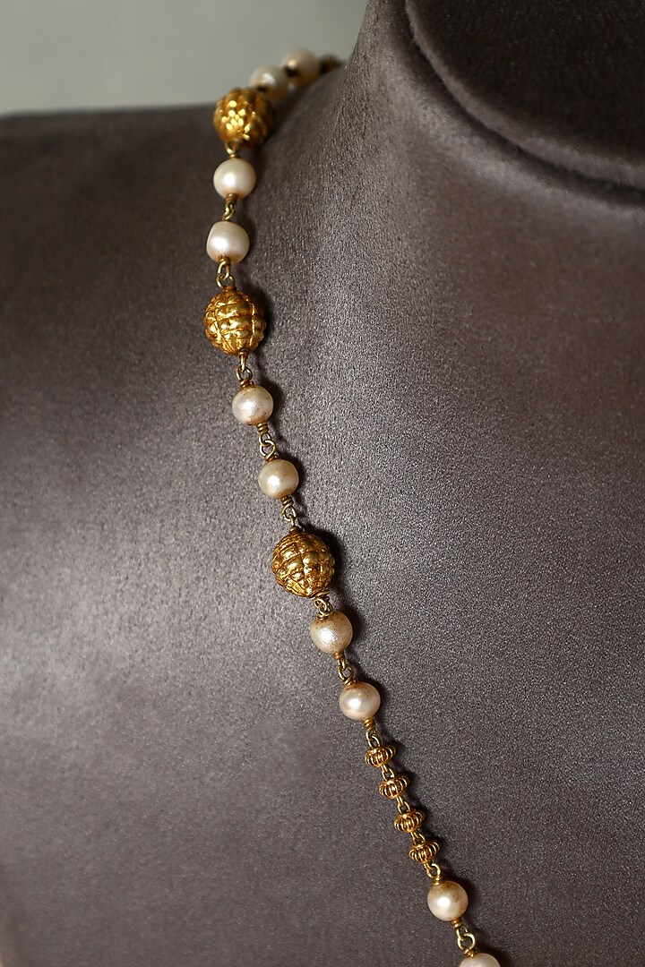 Gold Finish Lapis Stone & Pearl Temple Necklace In Sterling Silver by Mero at Pernia's Pop Up Shop