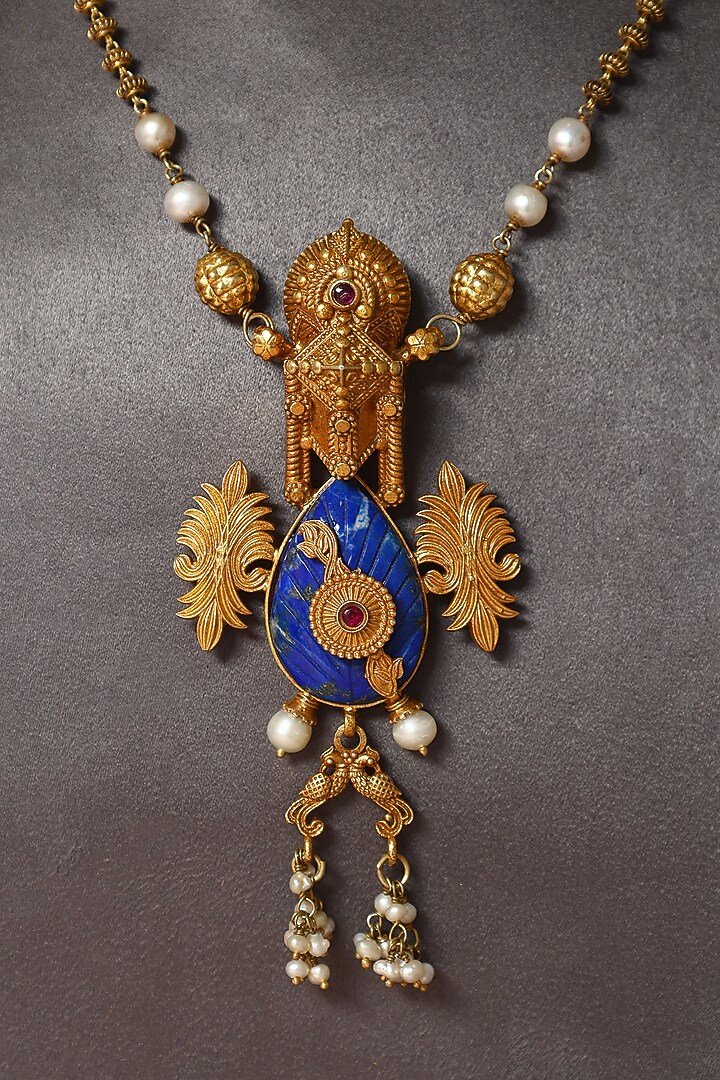 Gold Finish Lapis Stone & Pearl Temple Necklace In Sterling Silver by Mero at Pernia's Pop Up Shop