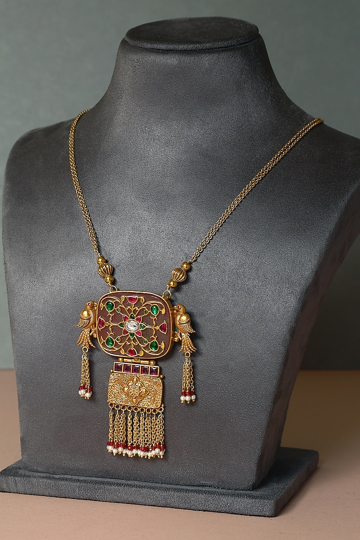 Gold Finish Kundan Polki & Pearl Temple Necklace In Sterling Silver by Mero at Pernia's Pop Up Shop