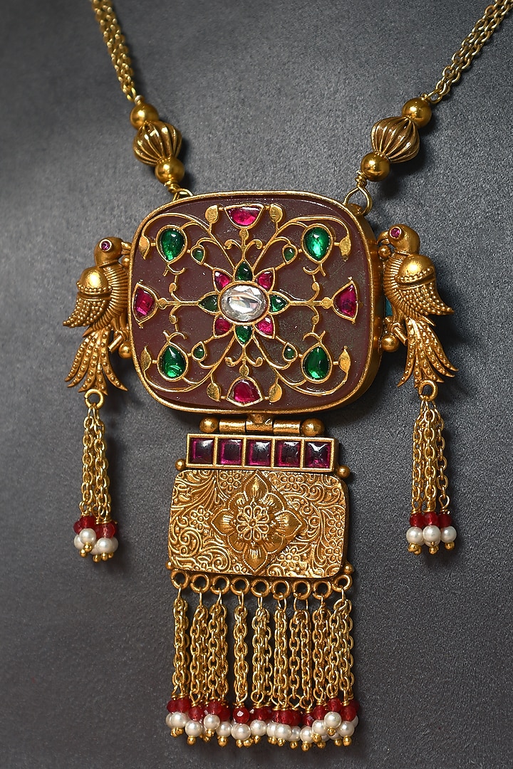 Gold Finish Kundan Polki & Pearl Temple Necklace In Sterling Silver by Mero at Pernia's Pop Up Shop
