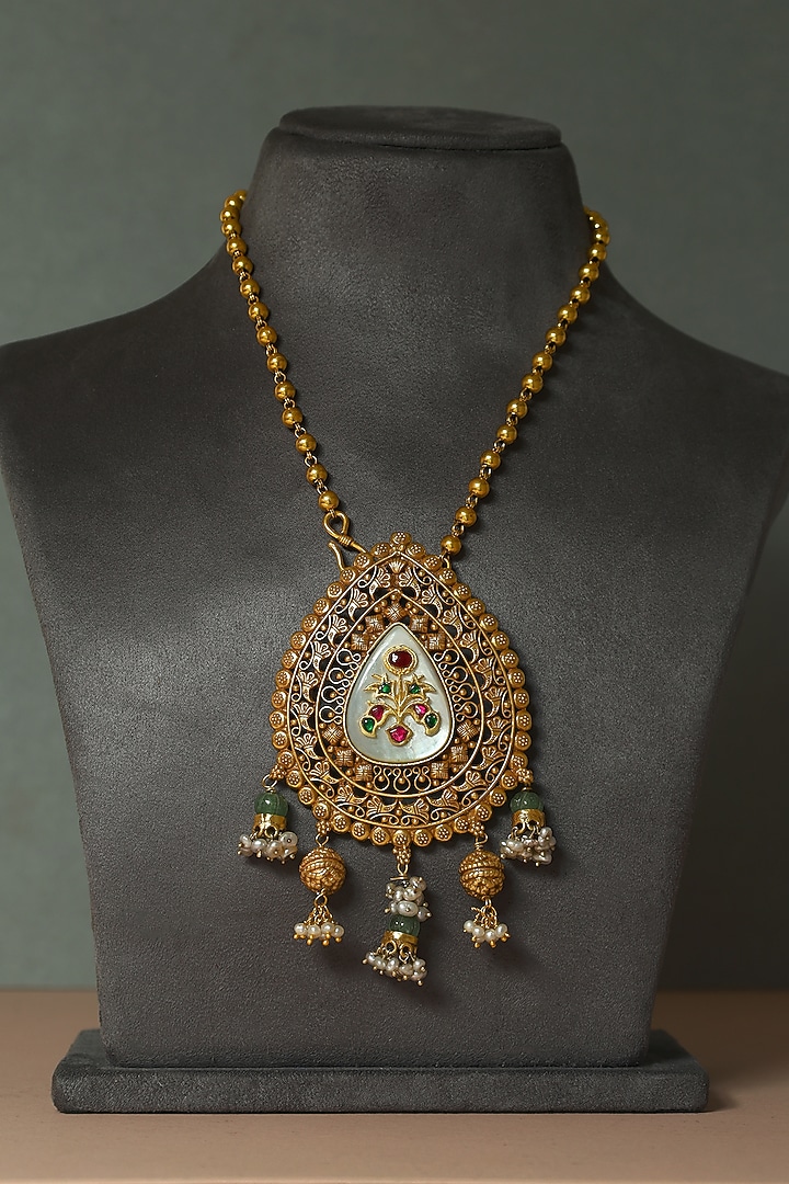 Gold Finish Kundan Polki Temple Necklace In Sterling Silver by Mero at Pernia's Pop Up Shop