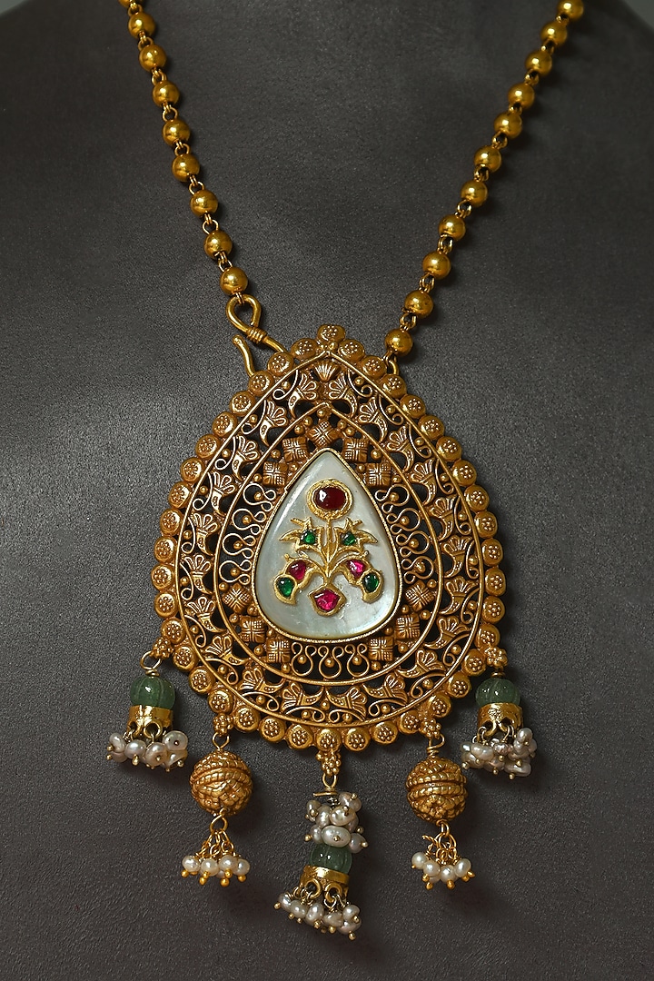 Gold Finish Kundan Polki Temple Necklace In Sterling Silver by Mero at Pernia's Pop Up Shop