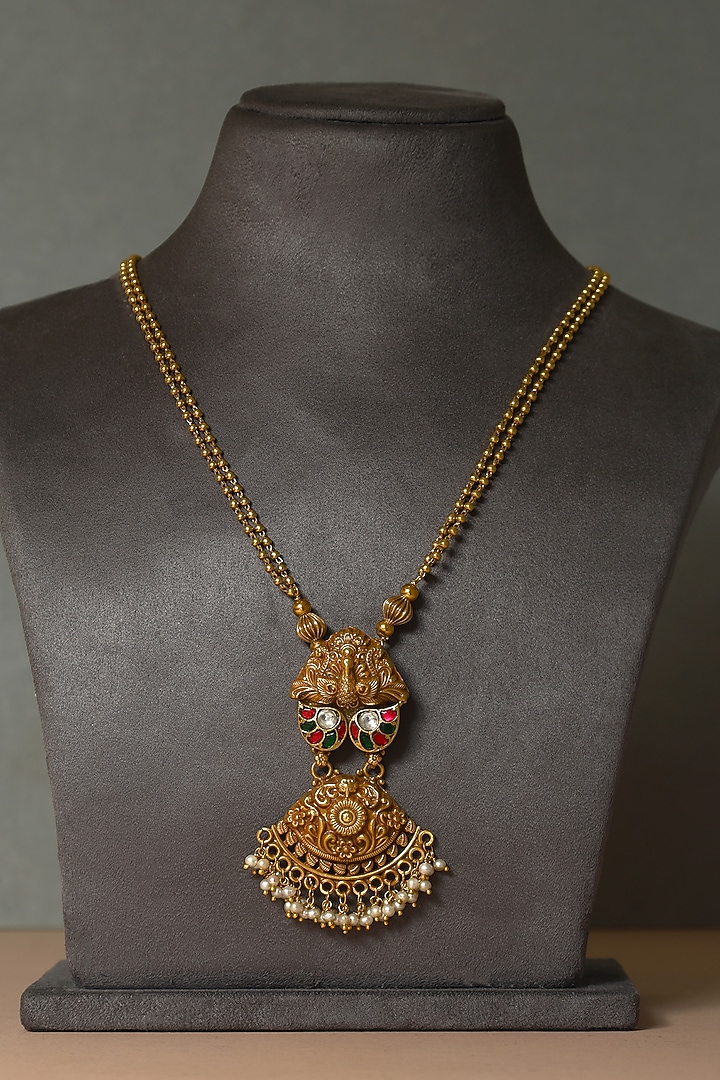 Gold Finish Kundan Polki & Pearl Temple Necklace In Sterling Silver by Mero at Pernia's Pop Up Shop