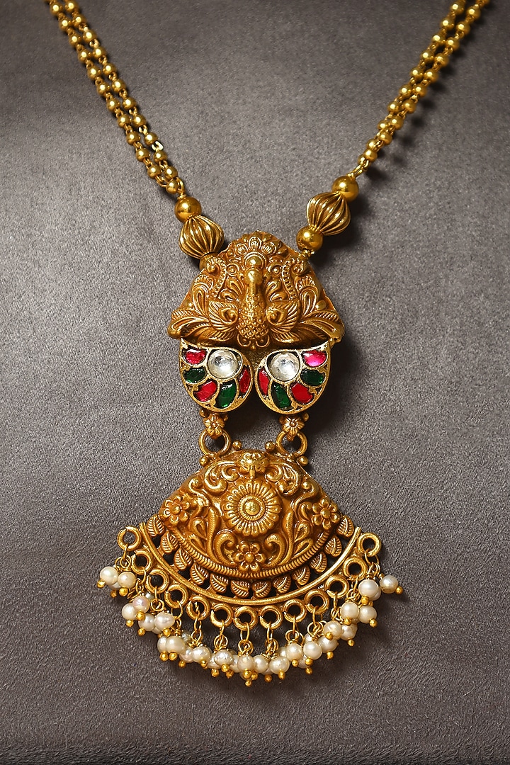 Gold Finish Kundan Polki & Pearl Temple Necklace In Sterling Silver by Mero at Pernia's Pop Up Shop