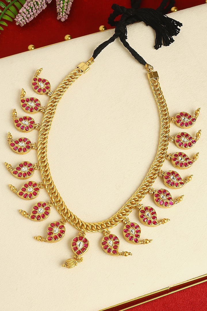 Gold Finish Kundan Polki Temple Necklace In Sterling Silver by Mero at Pernia's Pop Up Shop