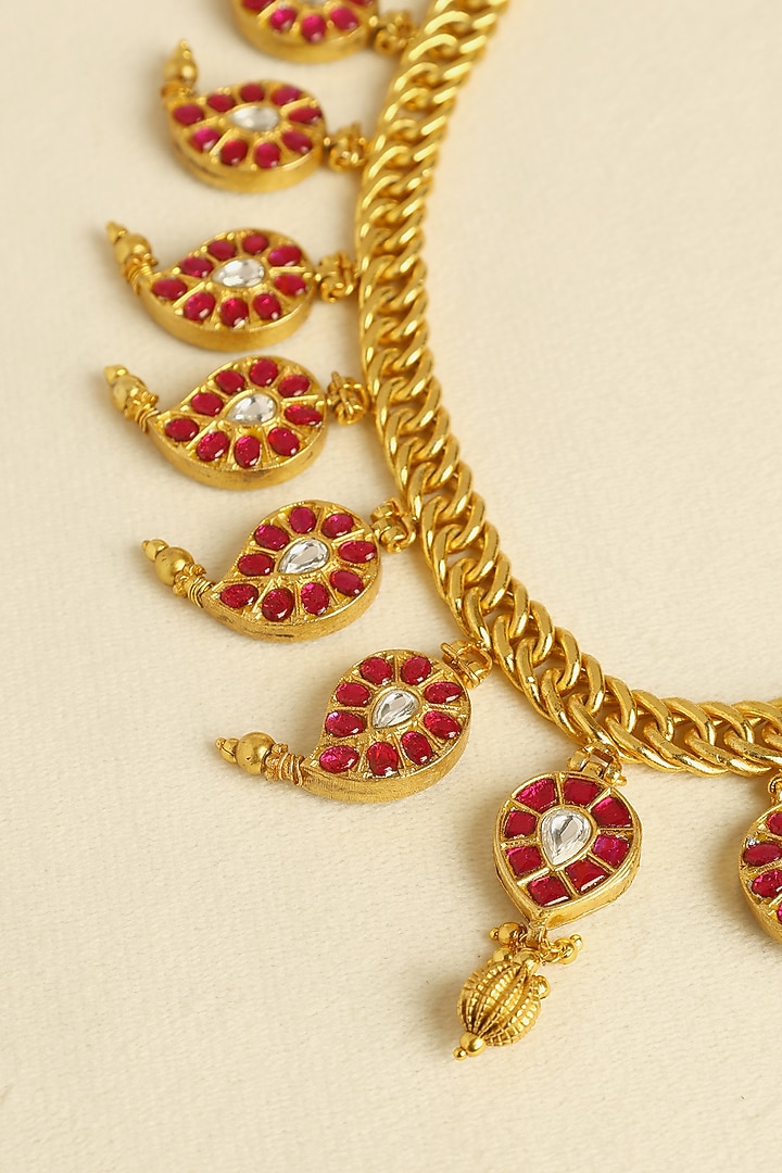 Gold Finish Kundan Polki Temple Necklace In Sterling Silver by Mero at Pernia's Pop Up Shop